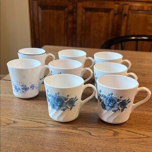 Corningware Corelle Blue Velvet Rose, swirl and blue fleur Cups Mugs set of 8